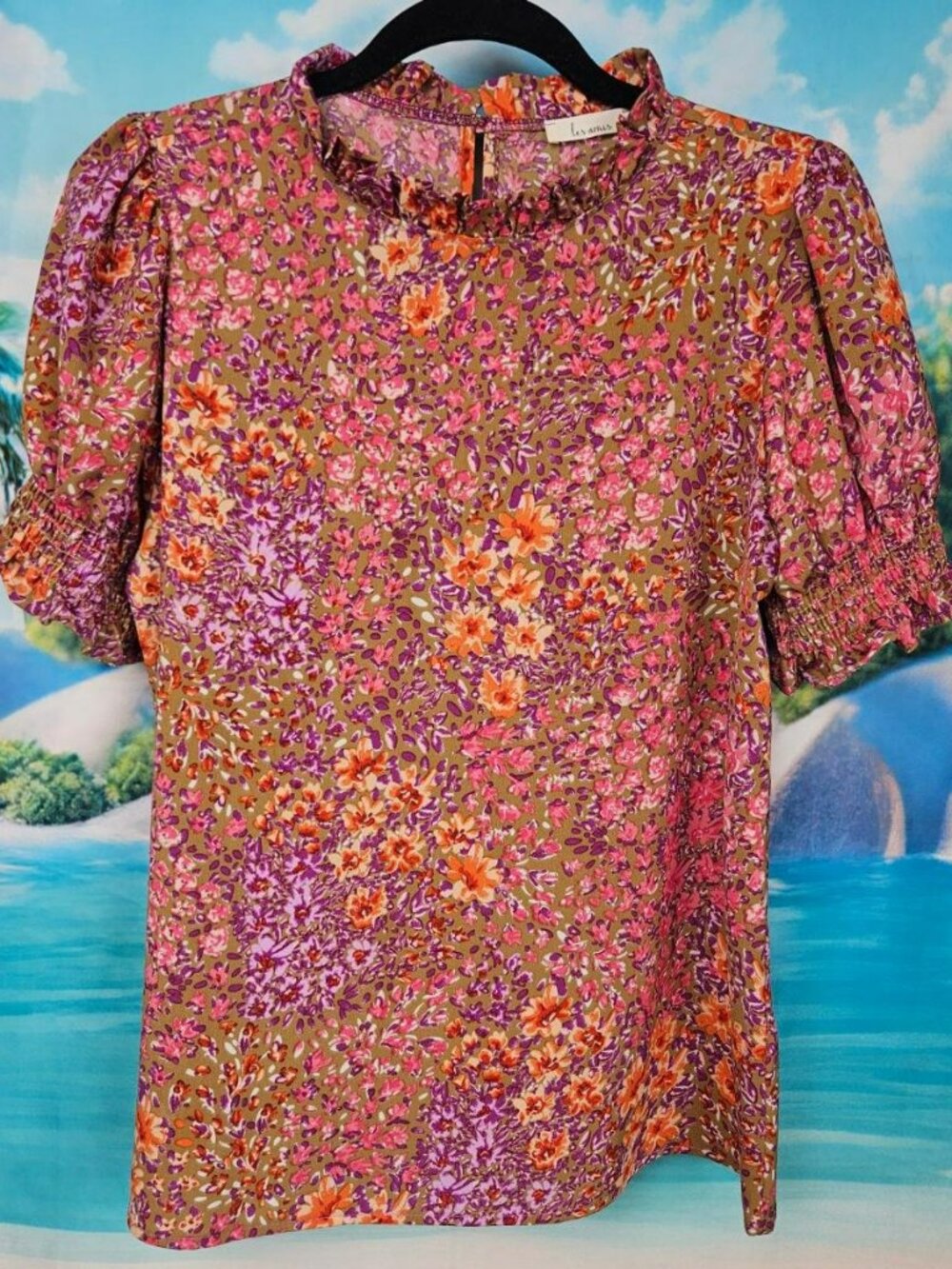 Floral Print Retro Blouse Womens M Short Sleeve Shirt Top Pink Orange Les Amis